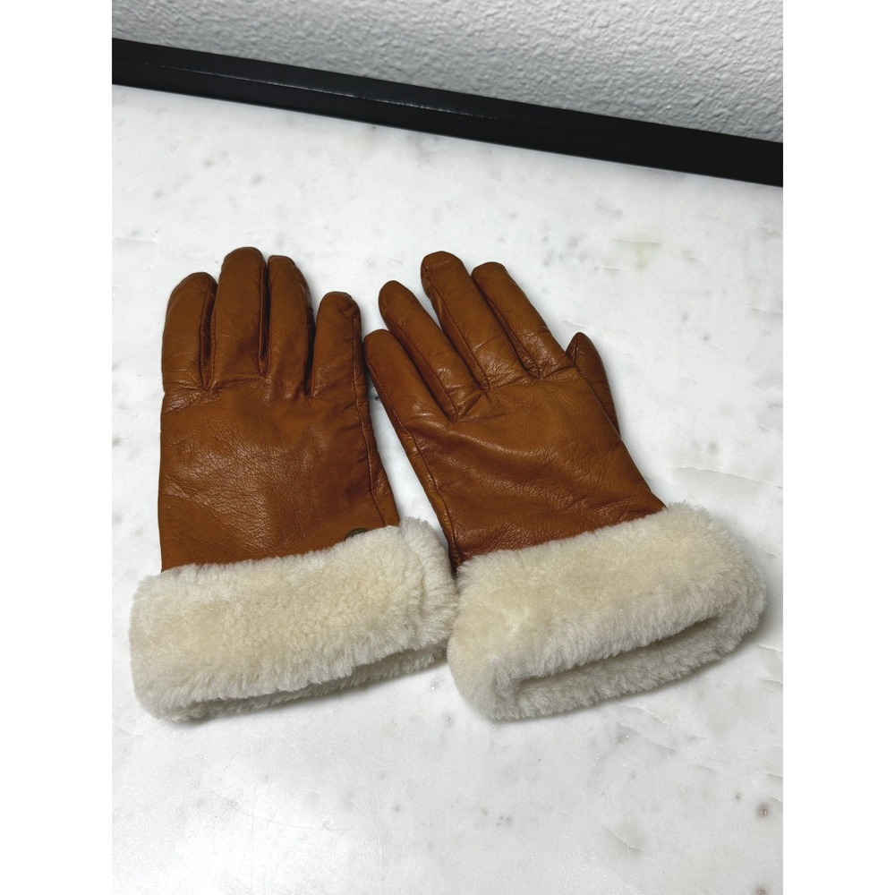 VTG UGG Australia Tan Leather Cashmere Lined Shearling Trim Gloves Womens Medium